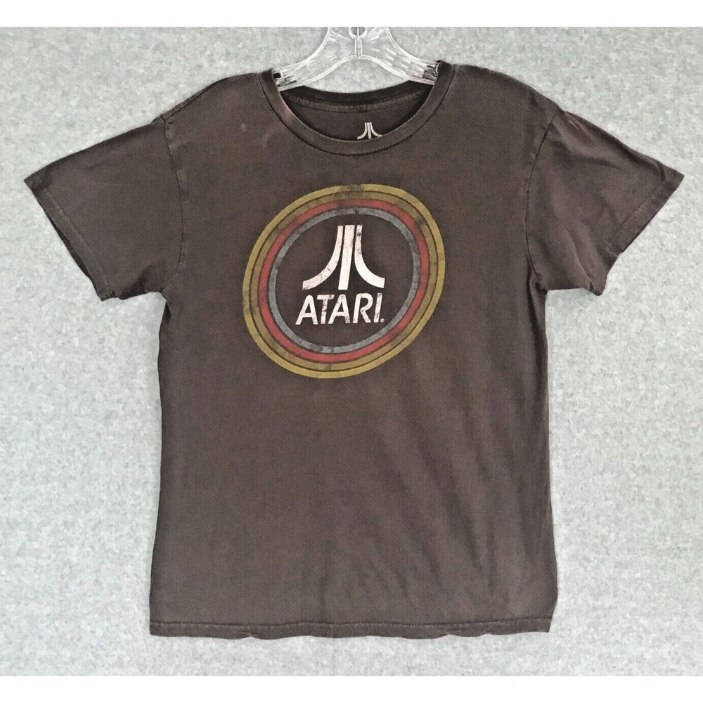 ATARI GAME T-Shirt Mens Small Computer Game Enthusiasts Brown Short Sleeve Faded